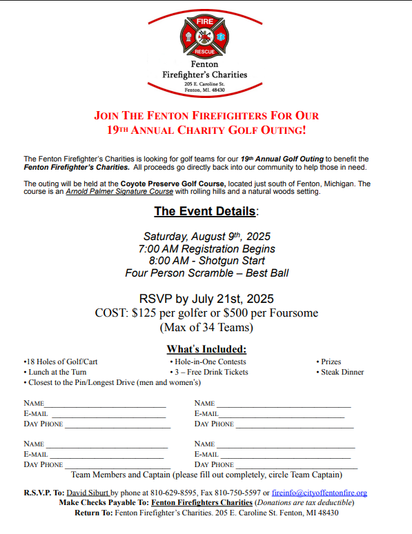 Fenton Firefighters' Charity Golf Team Registration 2025